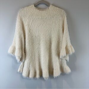 3 Sisters Cream Off White Fuzzy Fluffy Cozy Peplum Bell Sleeve Sweater Medium